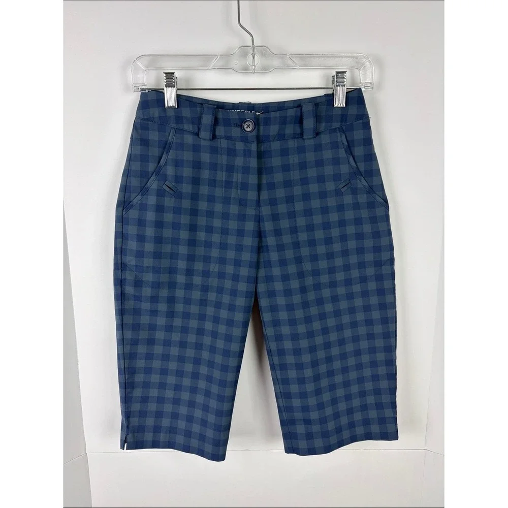 Nike Golf Tour Performance Dri-FIT Blue Check Plaid Golf Bermuda Shorts Womens 0